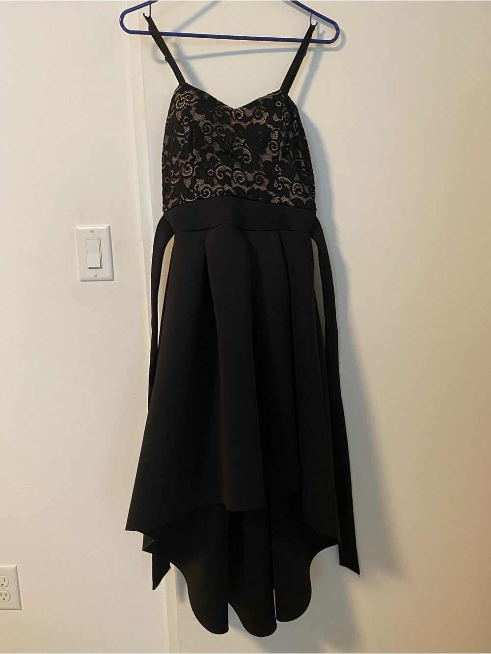 January 7 Black Lace Nude Illusion High Low Party Dress with Waist Tie